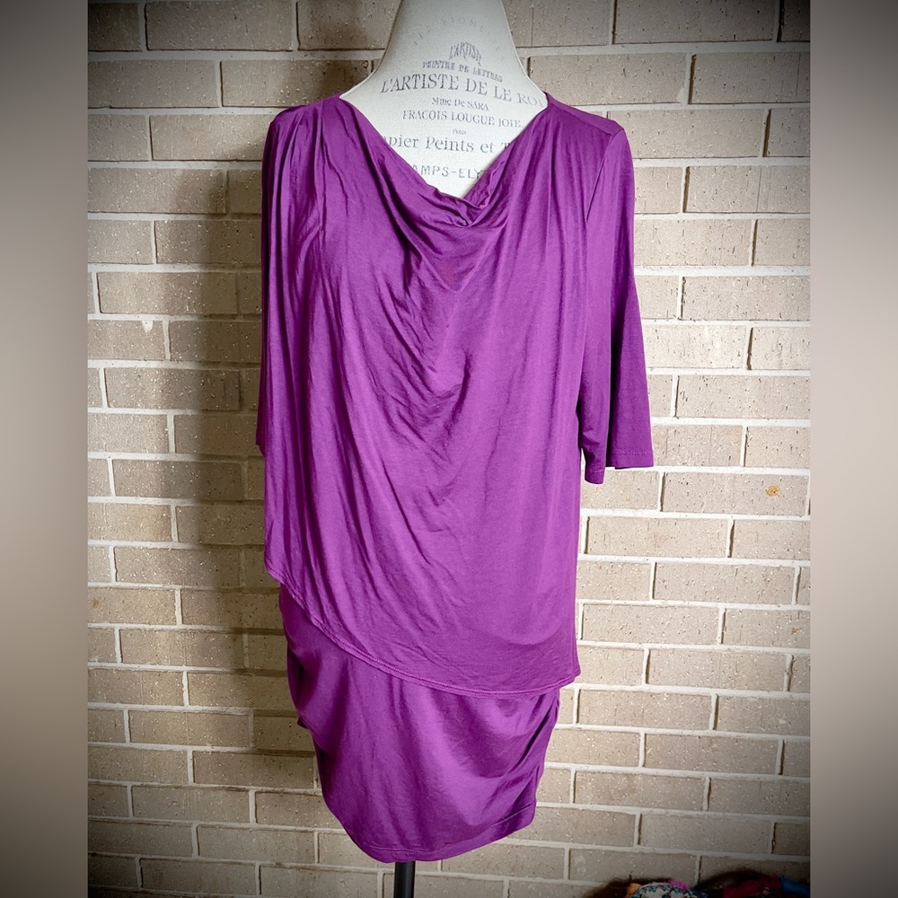 THREE DOTS Rich Purple 3/4 Sleeve Ruched Overlay Knit Top or Dress